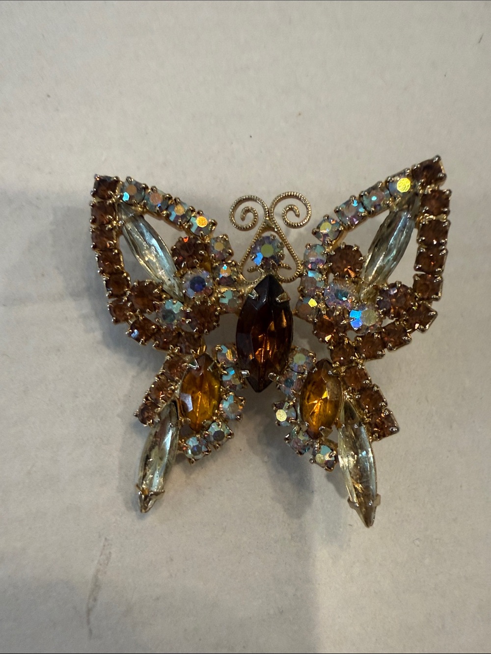 Crystal Butterfly Brooch in Brown and Amber Tones